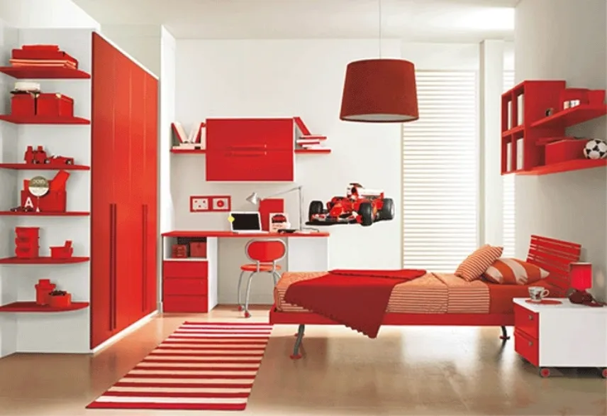 Esempio di cameretta moderna decorata in rosso e bianco stile Ferrari